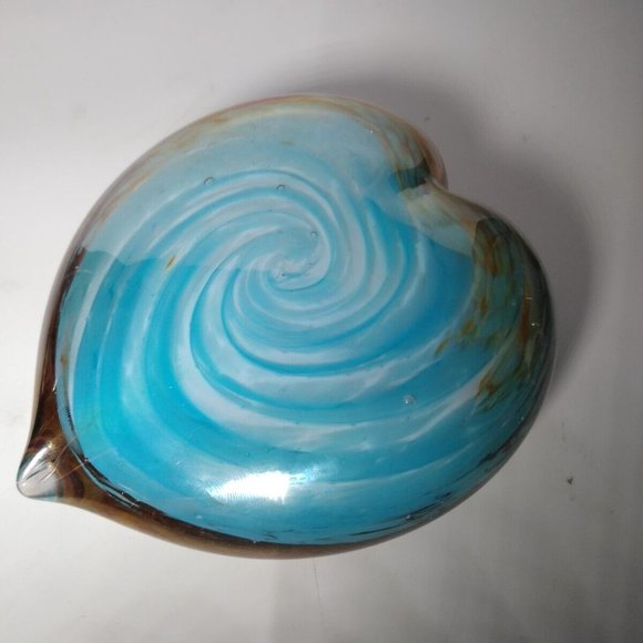 Hand Blown Glass Heart Paperweight Multi Color Swirl Glitter Spiral Center Heavy - Picture 5 of 11